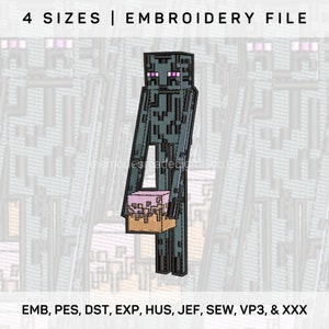 May include: Embroidery file design of a gray Minecraft character holding a pink and brown block. The design is available in four sizes and in the following formats: EMB, PES, DST, EXP, HUS, JEF, SEW, VP3, and XXX.
