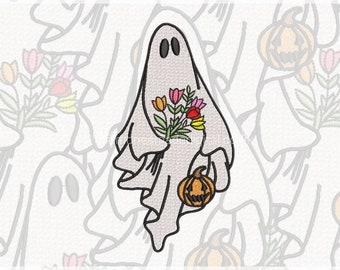 Cute Ghost Holding Flowers Halloween Embroidery File - EMB-0000028