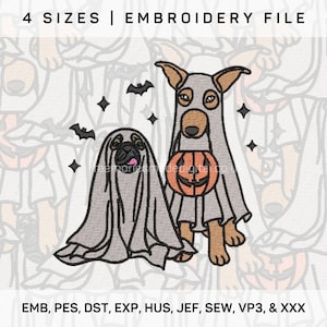 May include: Two dogs dressed as ghosts for Halloween. One dog is holding a jack-o-lantern. The image includes the text "4 SIZES | EMBROIDERY FILE" and "EMB, PES, DST, EXP, HUS, JEF, SEW, VP3, & XXX".