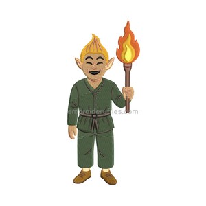 May include: An embroidered design of a smiling elf holding a torch with a bright orange flame. The elf wears a green outfit with a brown belt and shoes. The elf has blonde hair and pointed ears. The design is on a white background.
