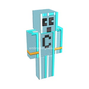 May include: A light blue, pixelated figure with a square head, arms, and legs. The figure has black eyes and a black mouth. The body has a large letter "C" on the front. The figure is outlined in a darker blue and white. The website "embroideryfiles.com" is visible.