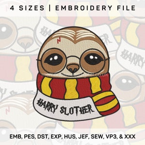 May include: Embroidered design of a brown sloth wearing round glasses and a red and yellow scarf. The sloth has a lightning bolt scar on its forehead and the text "HARRY SLOTHER" is written on the scarf.