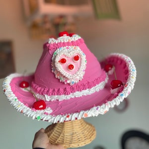 Cowgirl Cake Hat/Fake Cake/Cowboy hat/Party hat/Home decor/Western hat/Faux Cake/Birthday hat/Cake/Faux Cake/Handmade/Cherries/Frosting