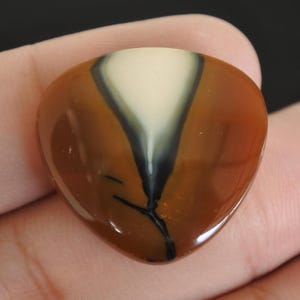 May include: A polished, heart-shaped gemstone with a glossy finish. The stone features a central ivory-colored wedge, bordered by a dark gray band, and encased in a rich, reddish-brown hue. A thin black vein-like pattern extends from the base.