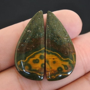 May include: Two polished teardrop-shaped gemstones. The stones feature a mix of dark green, brown, and yellow-orange colours. The gemstones have a glossy finish, likely for jewellery or crafting.
