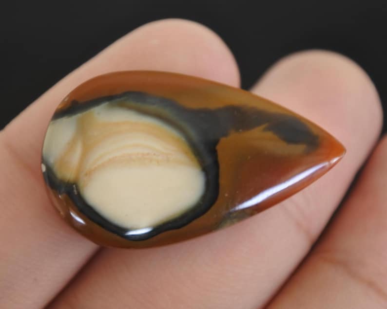 May include: A polished, teardrop-shaped gemstone with a mix of colours. The stone features a creamy white centre, surrounded by a black outline, and framed by bands of brown and reddish-brown hues. The gemstone is held in a hand.