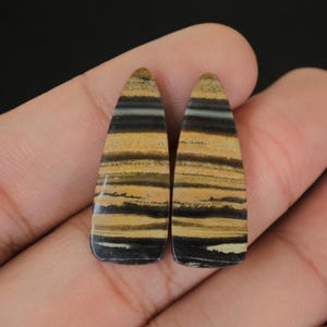 Puede incluir: Dos piedras preciosas pulidas en forma de lágrima con un patrón en capas de bandas negras, beige y blancas. Las piedras se sostienen en una mano sobre un fondo oscuro. Estas piedras podrían usarse para la fabricación de joyas.