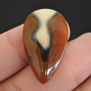 May include: A polished, teardrop-shaped gemstone with a glossy finish. The stone features a blend of cream, brown, and black, creating a unique pattern. The gemstone is held in a hand, showcasing its size and shape.