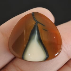 May include: A polished, triangular gemstone with a striking pattern. The stone features a blend of warm colors, including shades of brown and orange, with a central white and black design. The gemstone is held in a hand.