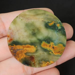 Może przedstawiać: Okrągły, polerowany kaboszon z agatu w kolorze zielonym, brązowym i żółtym z wirującym wzorem.