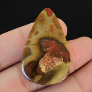 May include: A teardrop-shaped gemstone with a polished surface. The stone features a blend of colours, including tan, brown, red, and hints of green. The pattern has a marbled appearance, with swirling and layered textures. The gemstone is held in a hand.