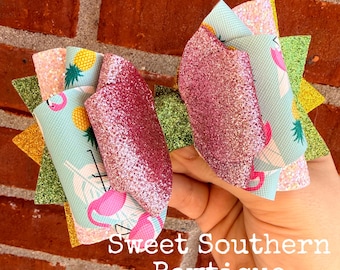 Flamingo Summer Faux Leather Glitter Hair Bow