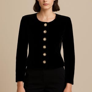 May include: A black velvet jacket with a round neckline and long sleeves. The jacket features six ornate gold-colored buttons down the front. The model is wearing black pants.