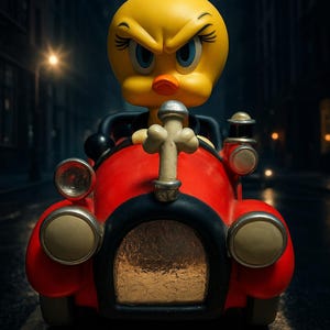 Figura de resina vintage de Tweety de Looney Tunes: raro coche rojo coleccionable / Warner Bros. Decor / 24 cm de ancho /