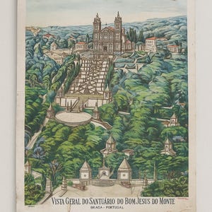 Impresión de litografía vintage – “Vista Geral do Santuário do Bom Jesus do Monte” Braga Portugal / Mediados de siglo / Peregrinación católica Deco