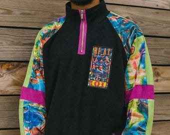 Fleecetrui MASER Austria Vintage jaren 90 abstracte neon zwarte skikleding met halve rits maat 40