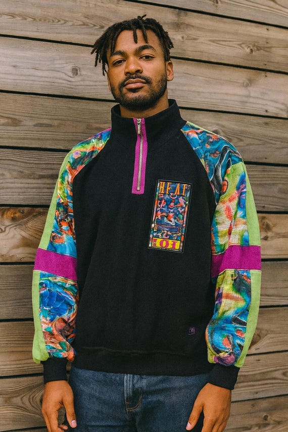 Fleece Pullover MASER Austria Vintage 90s Abstract Neon Half Zip