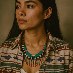 Boho Beaded Statement Necklace Multicolor Tribal Style Red Black Turquoise Vinta