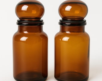 Vintage Amber Glass Apothecary Jars Set 1970s Brown Storage Canisters with Lids