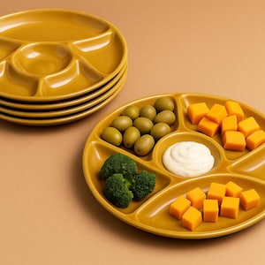 Vintage 1970s Fondue Plates: Ochre Yellow Ceramic Atomic Age Partyware