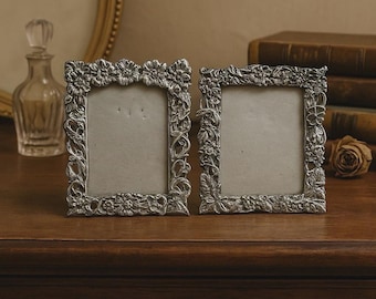 Vintage Pewter Mini Photo Frames Set Rococo Floral Grapevine Silver Tone