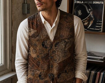 May include: A brown patterned vest with a circular stamp design, worn over a white shirt. The vest has a button closure and is paired with dark brown trousers. The image is set indoors with a window and a record album visible in the background.
