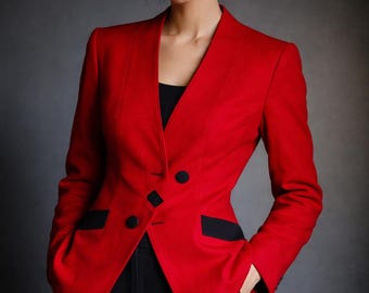 ジェラール・パスキエ パリ ブレザー サイズ 38 レッド ウール ジャケット 80年代 パワーブレザー クロップド丈