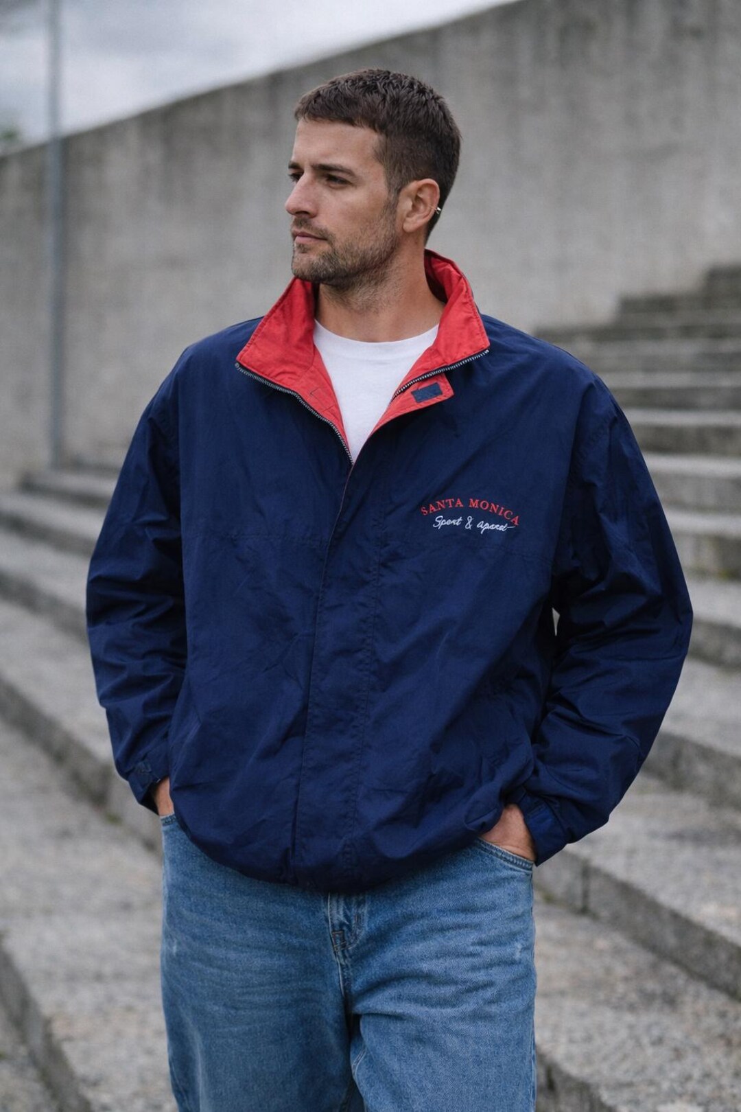 Puffer Jacket Santa Monica Vintage 1990s Navy Blue Red Lining