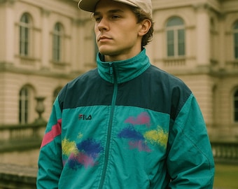 FILA Windbreaker Jacket 90s Teal Neon Track Jacket Vintage Colorblock XL Retro