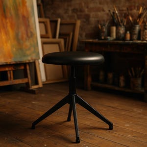 Vintage Industrial Bar Stool: Black Metal & Skai Seat, Adjustable Height