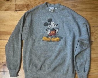 Vintage 90s Disney Store Mickey Mouse Sweatshirt | Embroidered Graphic | Size S | Grey Fleece