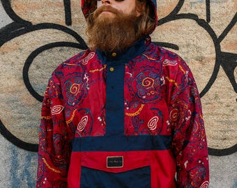 Anorak Jacket Vintage 90s Red Navy Swirl Print Hooded Pullover Windbreaker Oversized Large