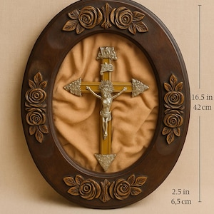 Antique Wall Crucifix in Ornate Oval Shadowbox Frame – Hand-Carved Floral Wood, Draped Velvet, Gilded Cross & Silver Christ – Devotional Art