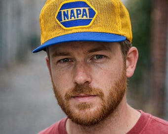 NAPA トラッカーハット | ブルー＆イエロー メッシュ スナップバック | アメリカ製 | 80～90年代 カーレーススタイル