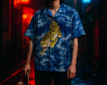 Camisa vintage de tigre Nuopai: botones con estampado asiático de los años 90, talla M (talla L)