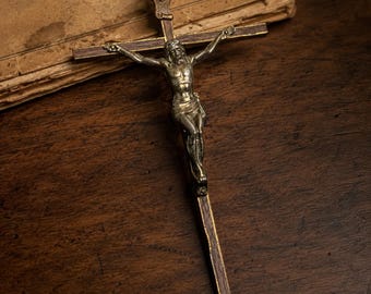 Vintage Crucifix Wall Cross Religious Decor Wood and Brass Tone INRI Jesus Cross