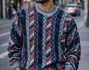 Vintage Carlo Colucci 3D Knit Sweater, Geometric Jacquard Pullover, Men’s M–L, 1980s–90