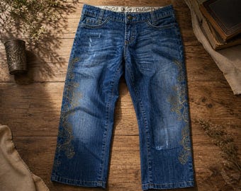 D&G Dolce Gabbana Y2K Jeansy z haftem kwiatowym i skróconymi nogawkami – niski stan