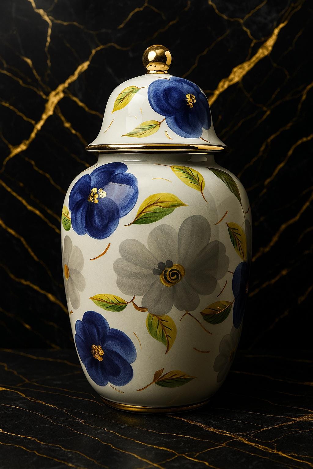 ヴィンテージ 花柄装飾の陶器瓶 ヴィンテージ手描き花柄磁器蓋付き瓶