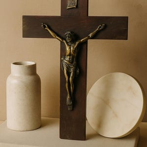 Antique Bronze INRI Crucifix Vintage Dark Wood Wall Cross Large Catholic Decor