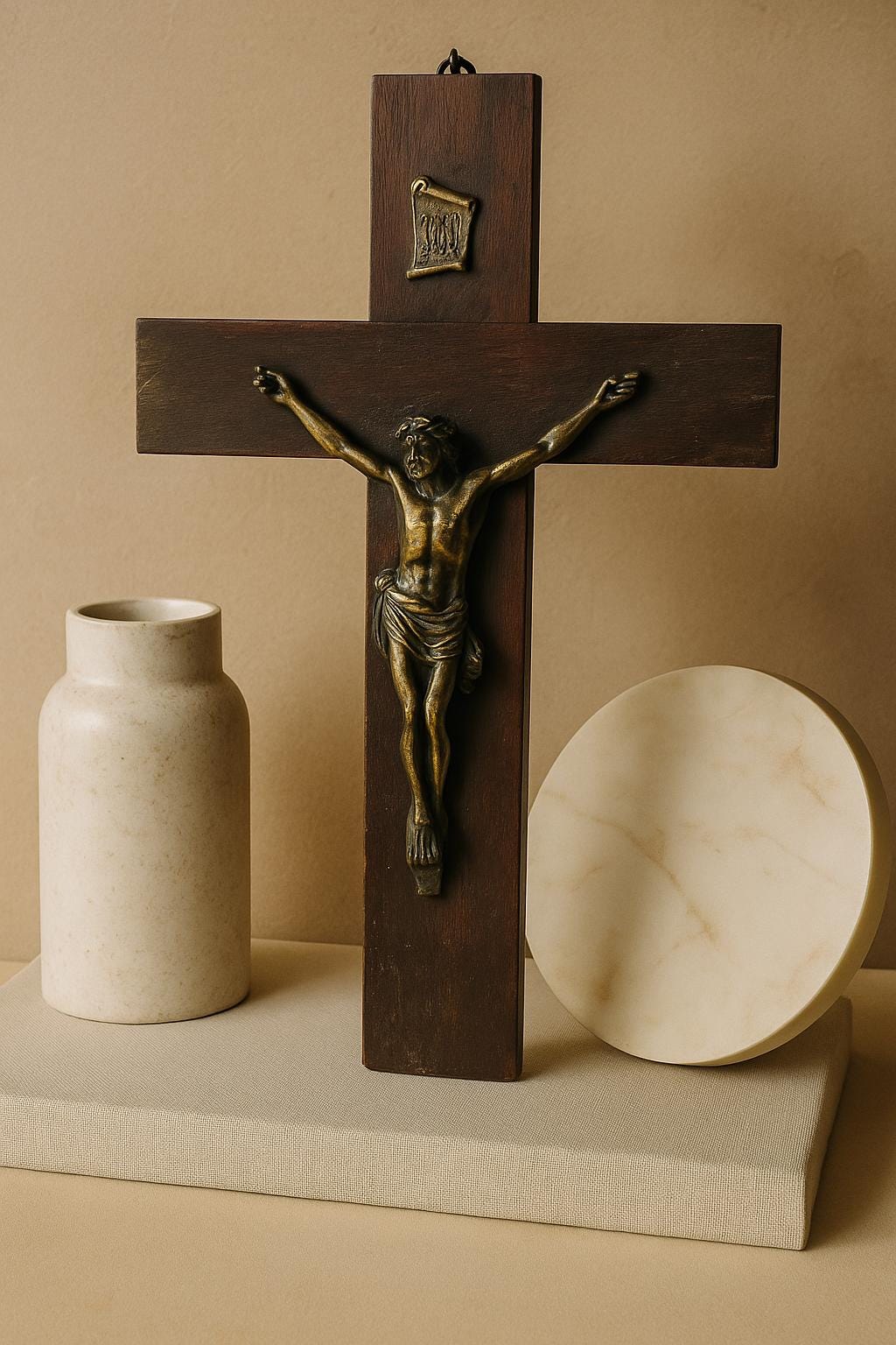 Antique Catholic Crucifix Bronze INRI Wall Cross Dark Wood Early 20th Century Devotional Decor