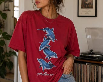 ヴィンテージ マヨルカ ドルフィン Tシャツ 90年代 Y2K ツーリスト Tシャツ レッドスクリーン スターズ XL アイルランド製