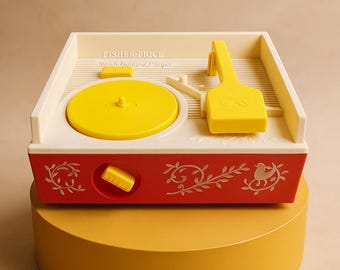 Giradischi vintage Fisher Price Change A degli anni '70, carillon giocattolo con 6 dischi, testato.