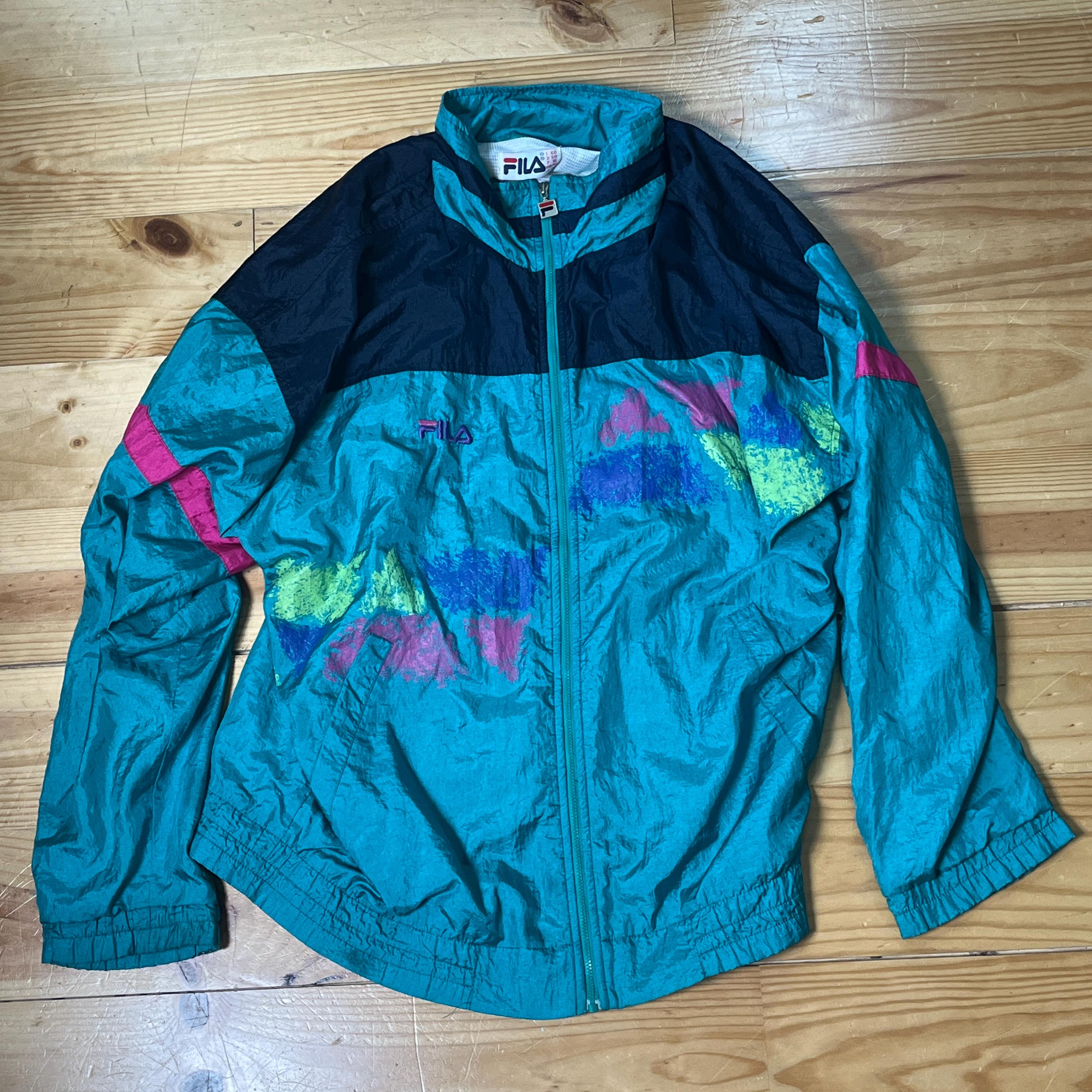 FILA ウィンドブレーカージャケット 90年代 ティール ネオン トラック 