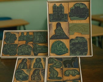 Juego de sellos de goma vintage de los años 80: 24 diseños de animales y personas.