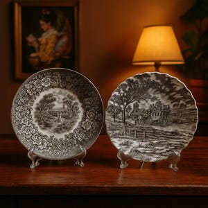 Vintage Black & White Decorative Plates • English Ceramic Wall Art Set • Cottage and Carriage Scenes • Elegant Home Decor