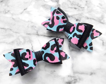Lazos para el pelo de cuero con estampado de leopardo / Juego de 2 lazos con pinza