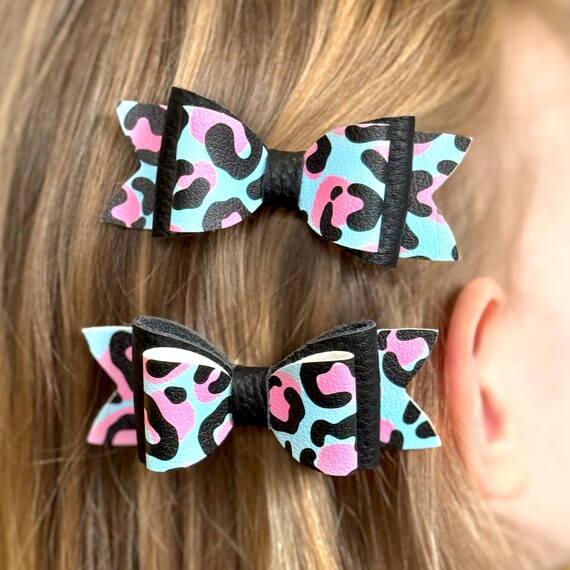 Leopard Print Leather Hair Bows | Set of 2 Clip Bows - Etsy display picture 3