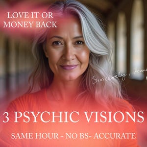 May include: A woman with gray hair smiles at the camera. The image has a red overlay with the text "LOVE IT OR MONEY BACK" and "3 PSYCHIC VISIONS SAME HOUR - NO BS- ACCURATE". The text "Sincerely, Amela" is written in cursive with a heart symbol.