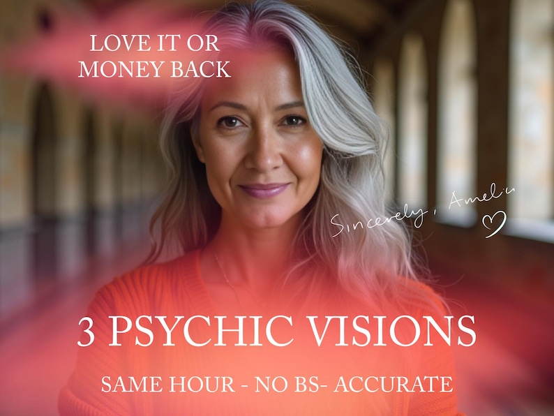 May include: A woman with gray hair smiles at the camera. The image has a red overlay with the text "LOVE IT OR MONEY BACK" and "3 PSYCHIC VISIONS SAME HOUR - NO BS- ACCURATE". The text "Sincerely, Amela" is written in cursive with a heart symbol.